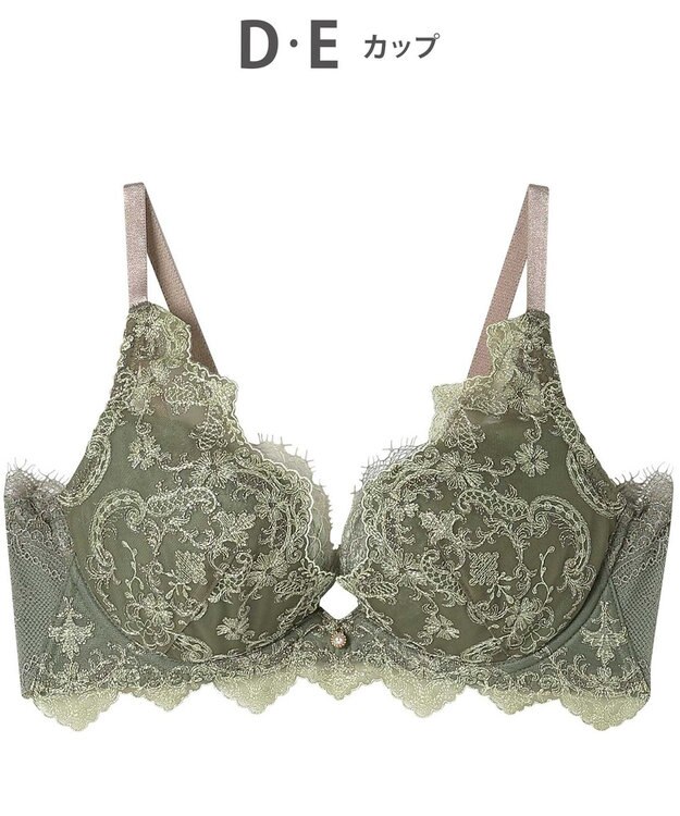 AMPHI ブラジャー 谷間メイク 脇高設計 細身え効果 Gカップまで対応 大きいサイズ 【Glama-Rich グラマリッチ 脇スッキリタイプ】ブラ BYJ603 アンフィ／ワコール オリーブ