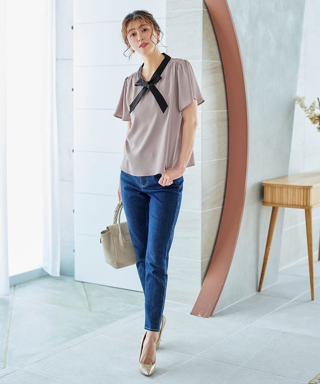 Tiaclasse 【洗える】配色リボンタイブラウス グレージュ