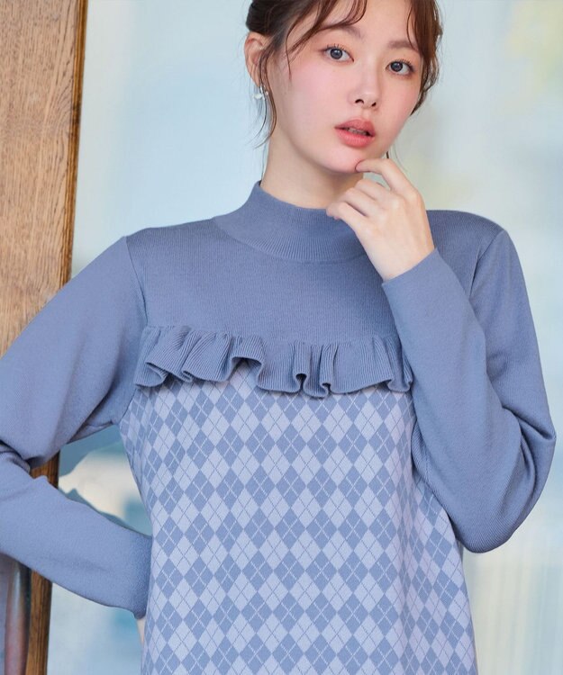 Tiaclasse アーガイルジャガードフリルチュニック ブルー