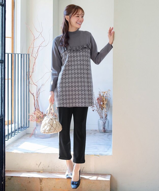 Tiaclasse アーガイルジャガードフリルチュニック チャコールグレー