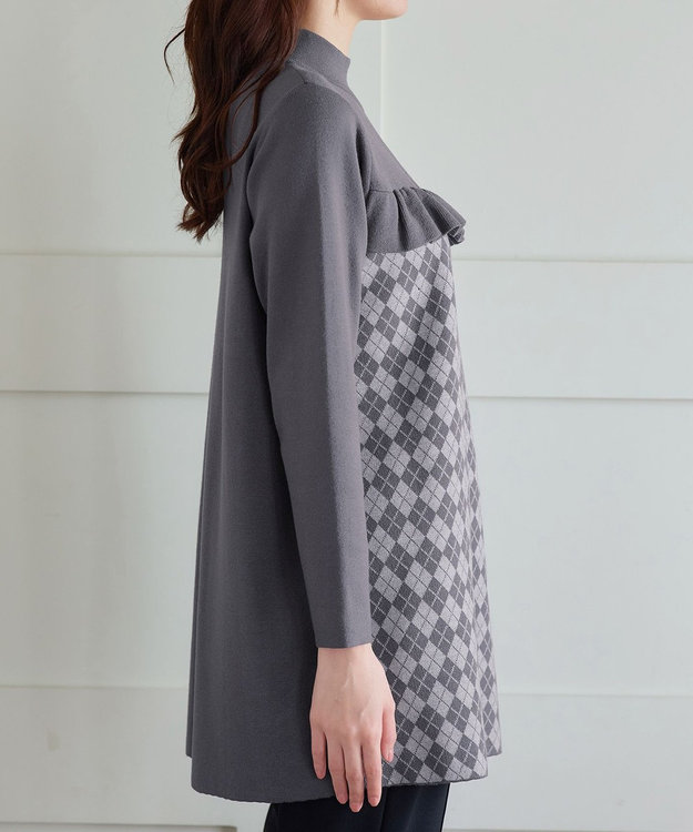 Tiaclasse アーガイルジャガードフリルチュニック チャコールグレー