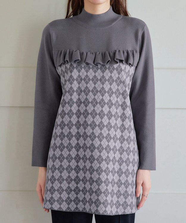 Tiaclasse アーガイルジャガードフリルチュニック チャコールグレー