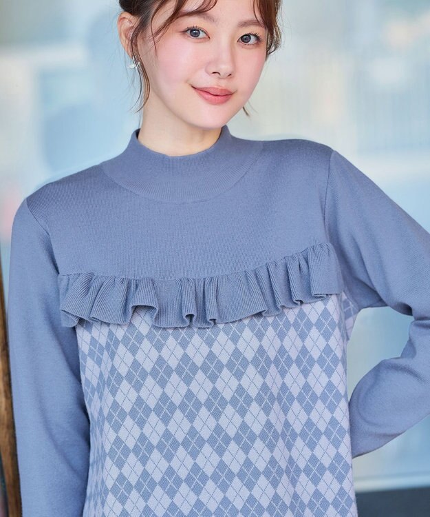 Tiaclasse アーガイルジャガードフリルチュニック ブルー