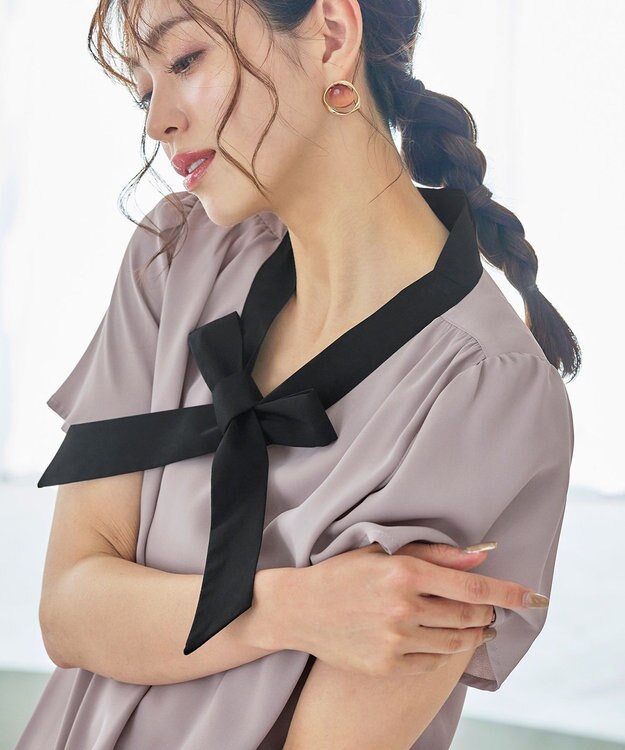 Tiaclasse 【洗える】配色リボンタイブラウス グレージュ