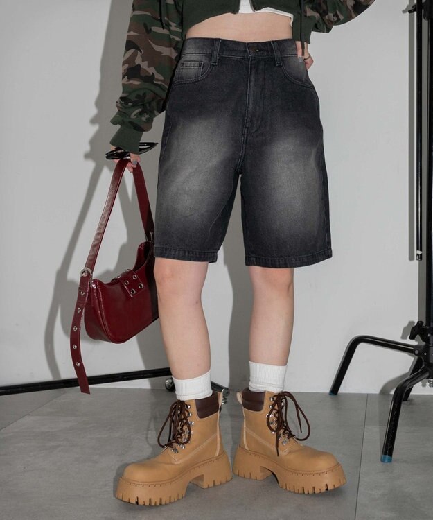 WEGO ヴィンテージウォッシュデニムハーフパンツ ブラック