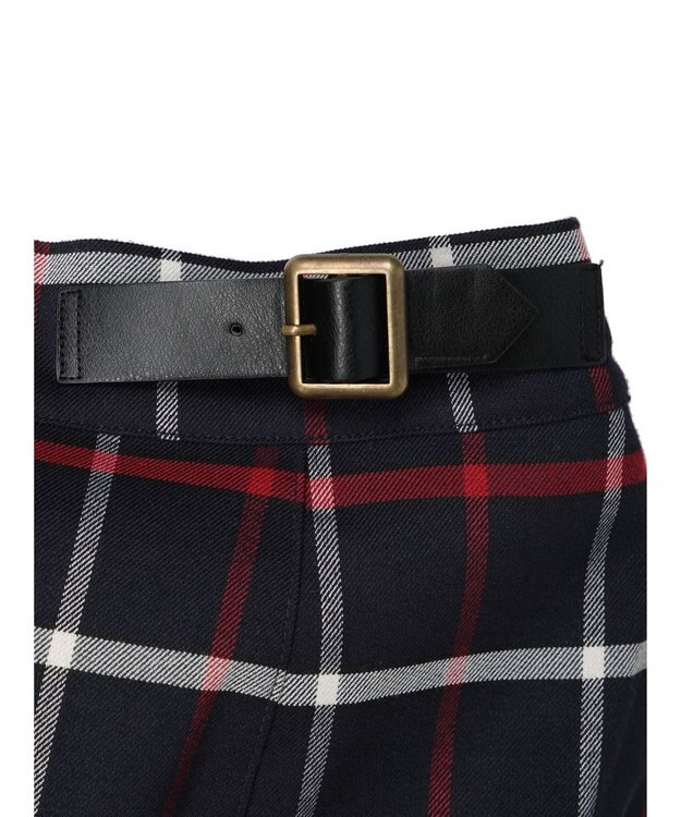 Green Parks ベルトデザインチェックＩラインスカート Navy