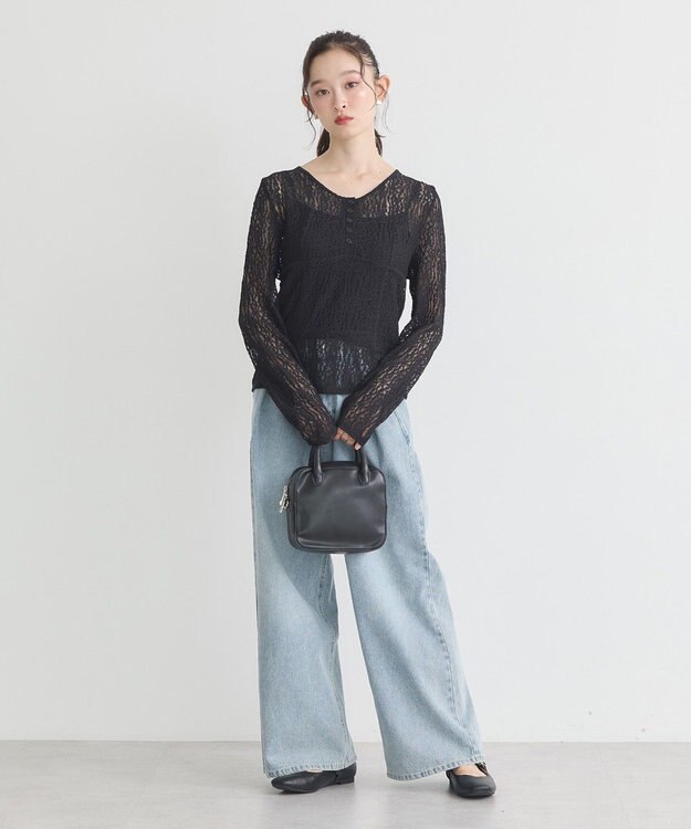 earth music&ecology フロントボタンレースプルオーバー Black