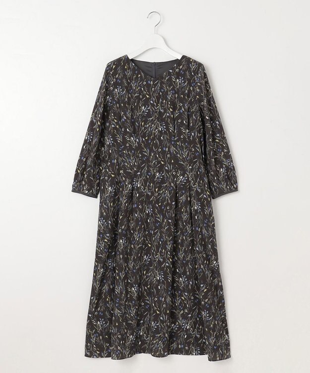 自由区 L 【洗える】ウォーターカラーフラワープリント ワンピース グレー系