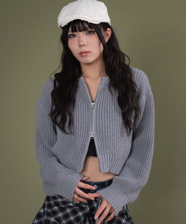 WEGO ダブルZIPニットカーデ グレー