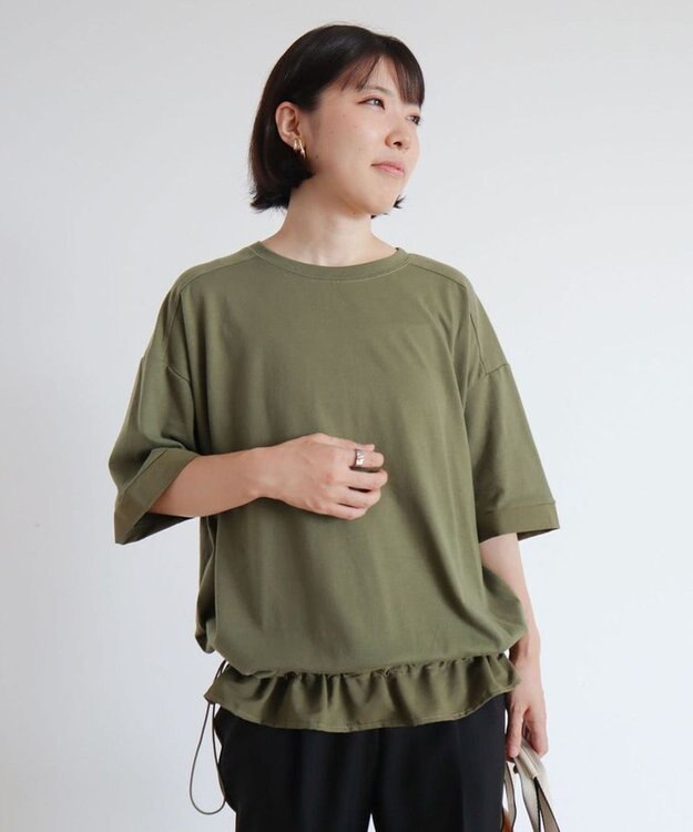 Green Parks 裾ドロスト５分袖ドッキングチュニック Khaki