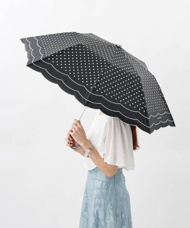 AURORA 【 NINA RICCI（ニナリッチ）】水玉プリント＆ビックスカラップ刺しゅう（折りたたみ傘） ブラック