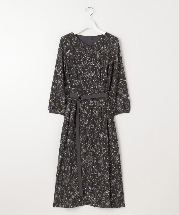 自由区 L 【洗える】ウォーターカラーフラワープリント ワンピース グレー系