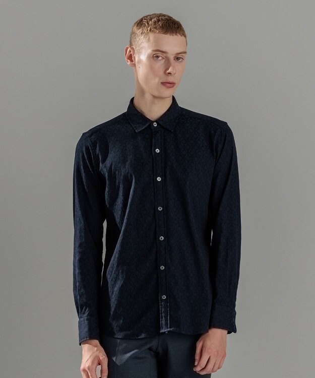JOSEPH HOMME オーナメントジャガードストレッチ　レギュラーカラーシャツ ネイビー系