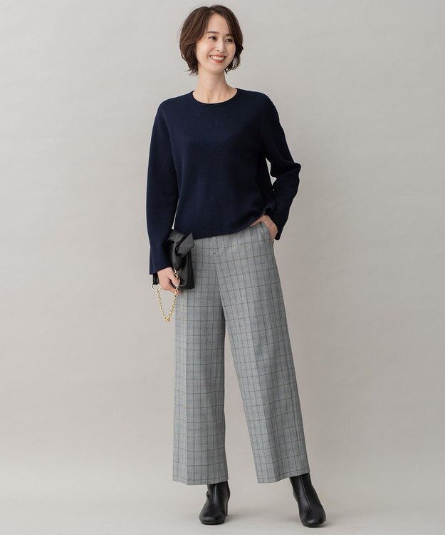 自由区 【裏起毛/撥水加工】TRギャバ グレンチェック ワイドクロップドパンツ グレー系4