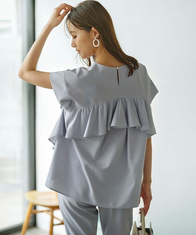 組曲 S 【接触冷感・UVケア】ライトアムンゼンジャージー フリルブラウス ブルーグレー系