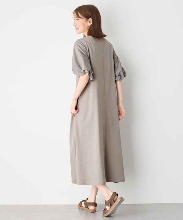 ANY 異素材コンビ ボリュームスリーブワンピース グレー