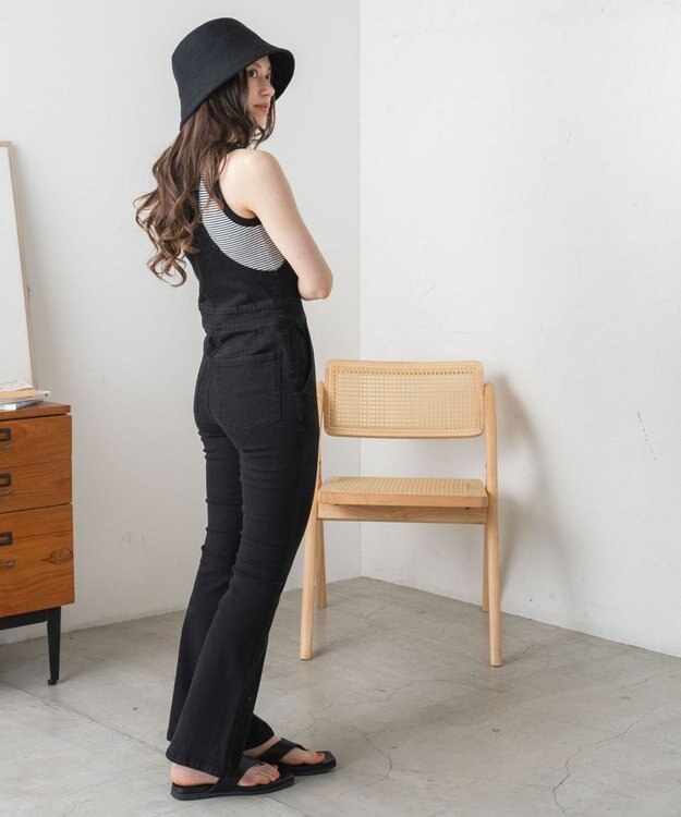 WEGO ハイウエストストレッチフレアデニムサロペット ブラック