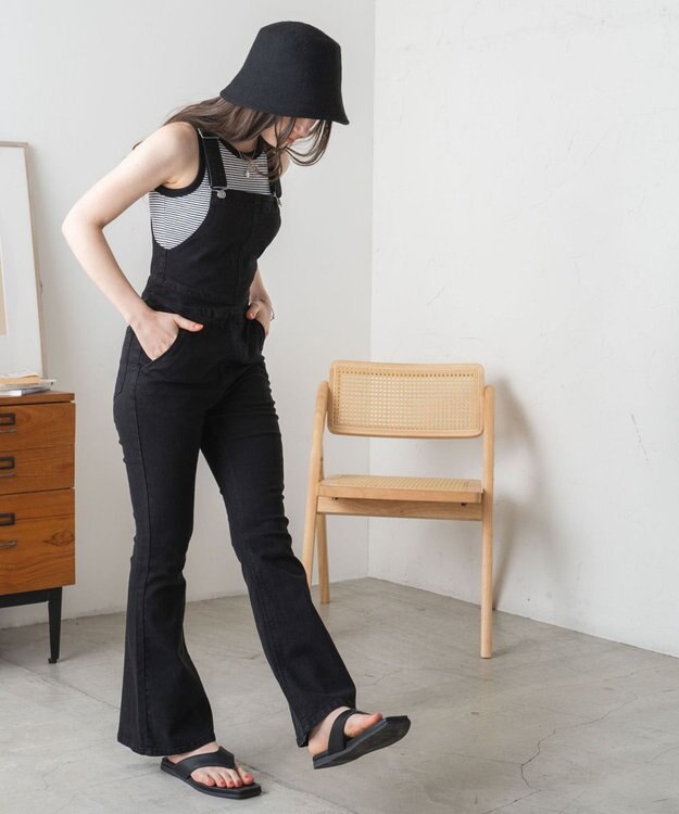 WEGO ハイウエストストレッチフレアデニムサロペット ブラック