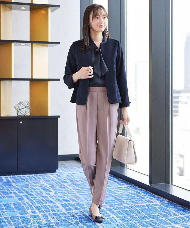 Tiaclasse L 取り外しパール付きボウタイブラウス ネイビー