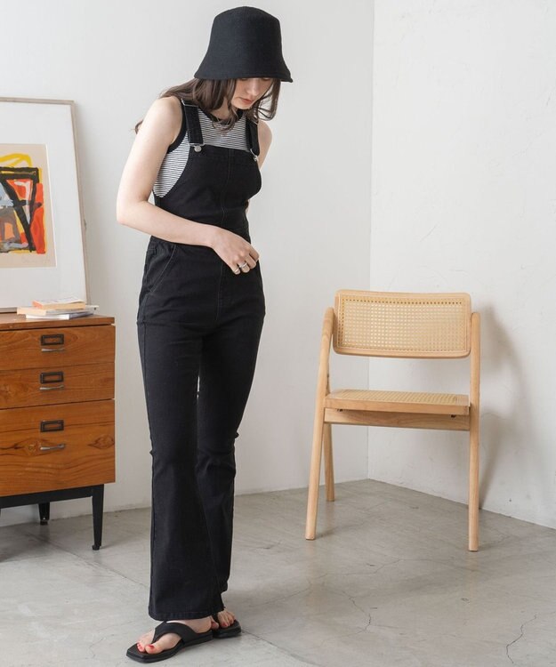 WEGO ハイウエストストレッチフレアデニムサロペット ブラック