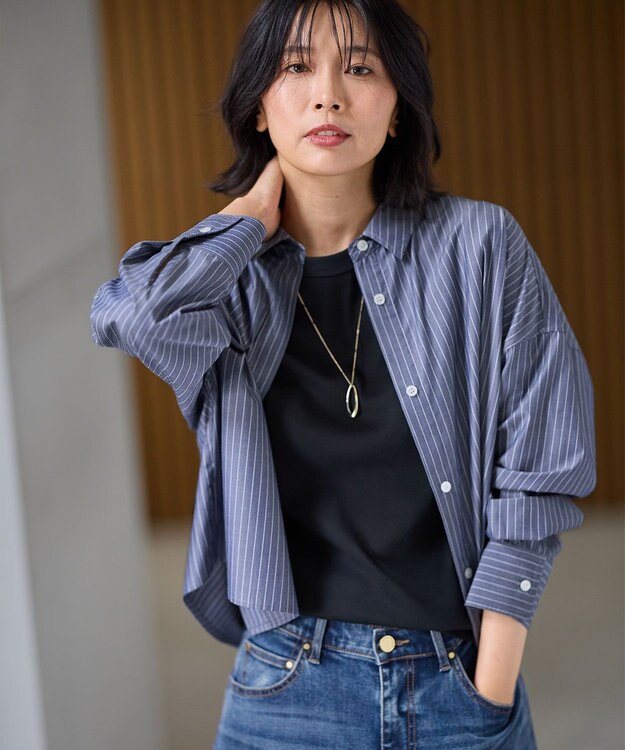 ANY 【手洗い可能/抗菌防臭/速乾/UVカット】ショート丈シャツ ネイビーストライプ