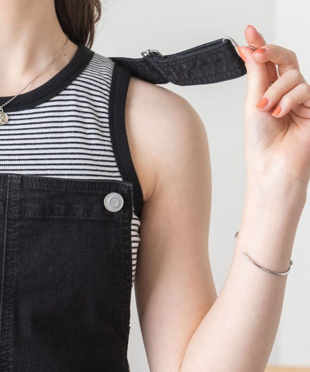 WEGO ハイウエストストレッチフレアデニムサロペット ブラック