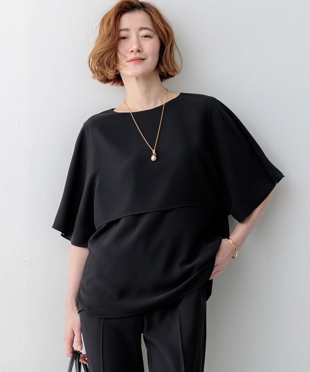 23区 【吸水速乾/UVカット/接触冷感】ストレッチジョーゼット  ケープデザイン カットソー ブラック系