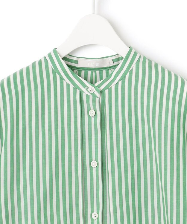 ICB 【洗える】キュプラローンストライプ シャツ グリーンストライプ系