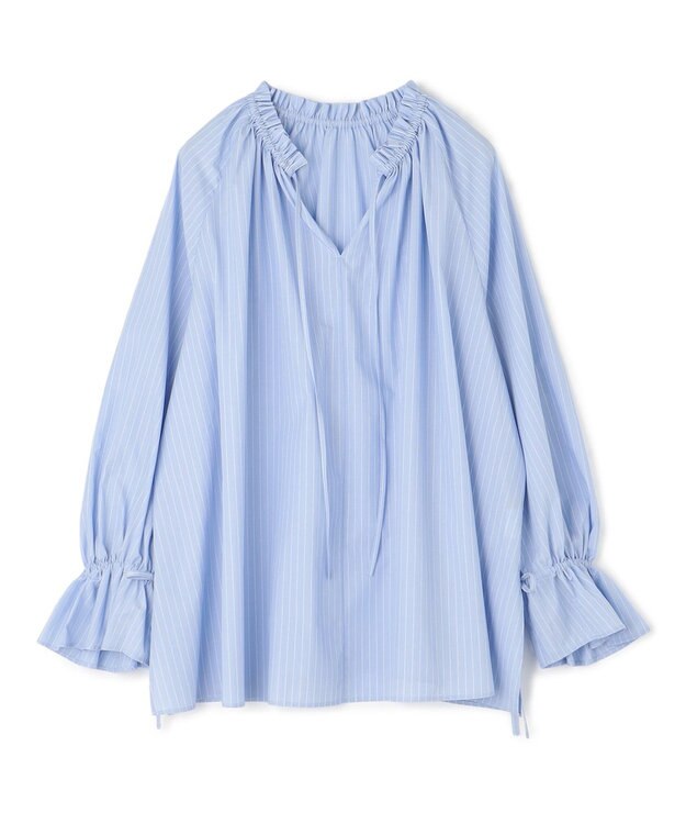 UNFILO L 2WAYギャザーブラウス ブルー×オフストライプ
