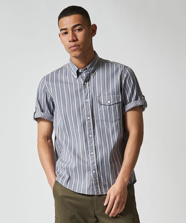 J.PRESS MEN オーガニックコットンダブルチューブマルチストライプシャツ ライトグレー系1