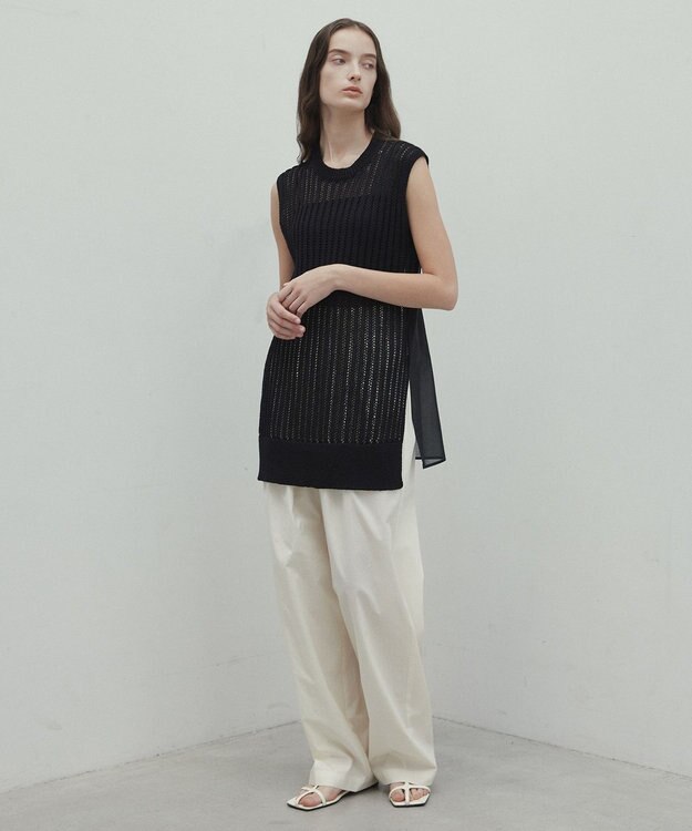 BEIGE， 【洗える】ALOE / コットンメッシュオーガンジーノースリーブニット Black