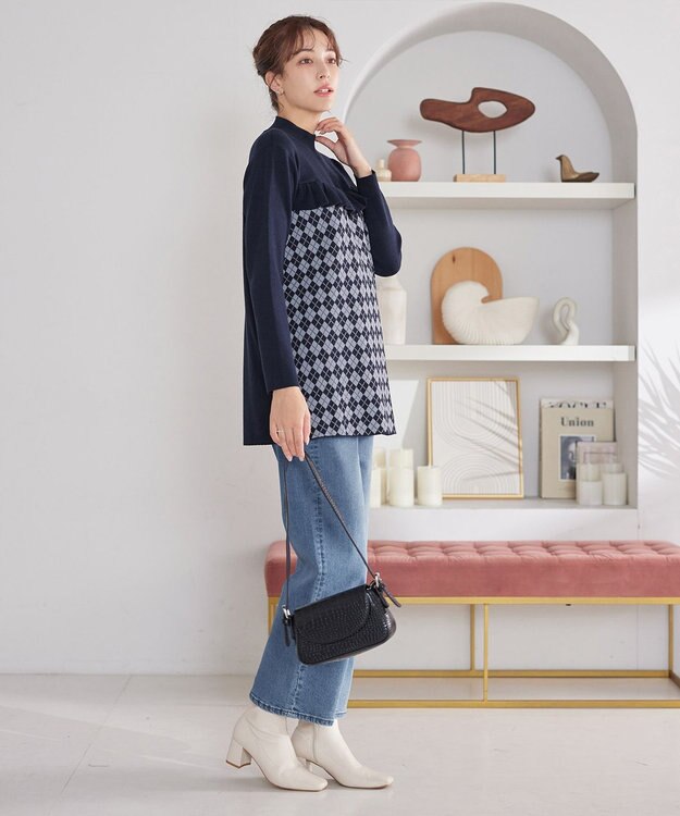 Tiaclasse アーガイルジャガードフリルチュニック ネイビー