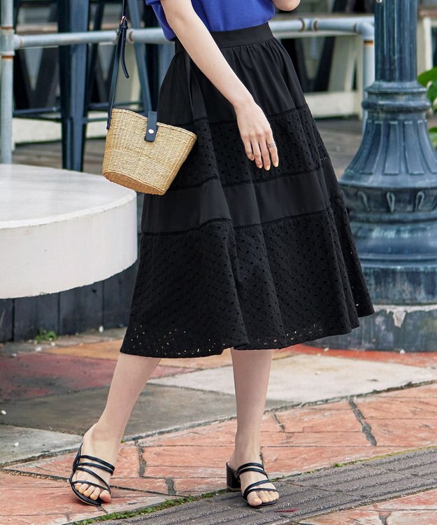 Tiaclasse L 【新色追加・洗える】幅広く活躍が期待できるレース切替スカート ブラック