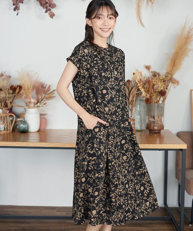 Tiaclasse L ボタニカル柄シャツワンピース ブラック