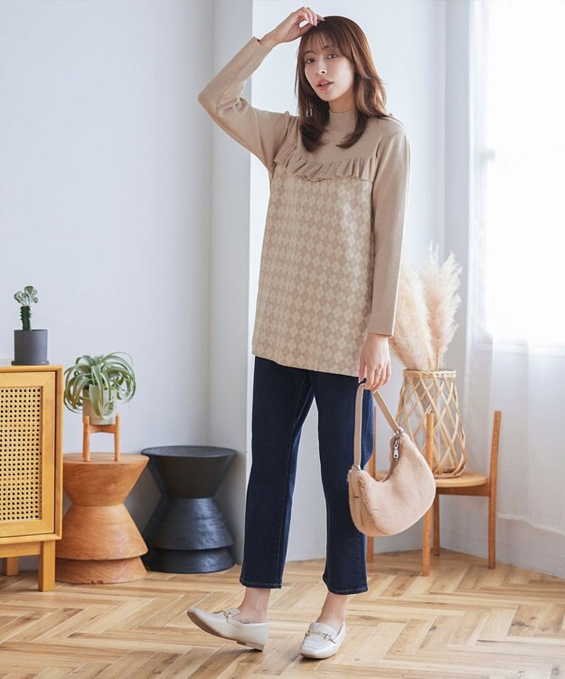 Tiaclasse アーガイルジャガードフリルチュニック ベージュ