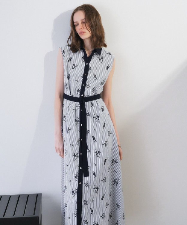 YECCA VECCA ストライプ柄フラワー刺繍ワンピース Navy