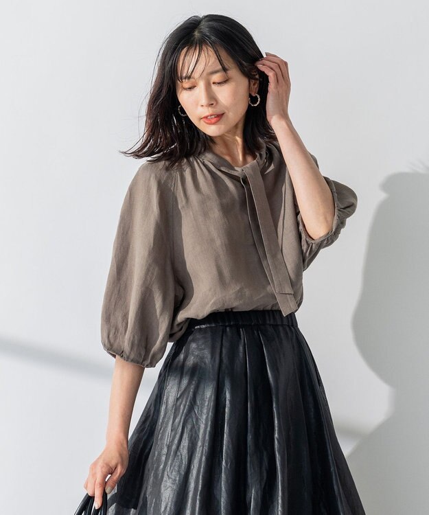 23区 L 【洗える】LIBECO ボウタイ ボリュームスリーブ ブラウス ダークブラウン系