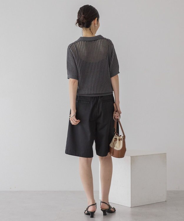 AMERICAN HOLIC 衿付きメッシュ編み半袖ニットプルオーバー Charcoal Gray