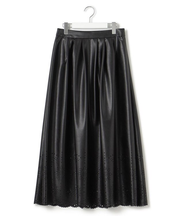 23区 【洗える】フェイクレザーパンチング フレアスカート ブラック系