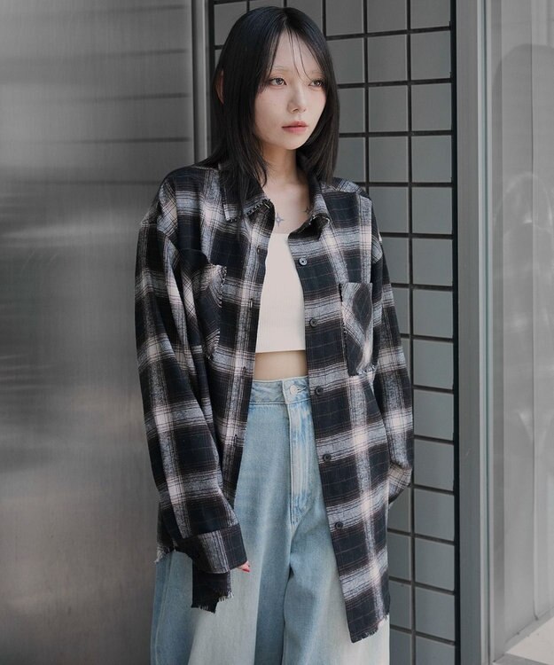 WEGO チェックBIGネルシャツ ブラウン