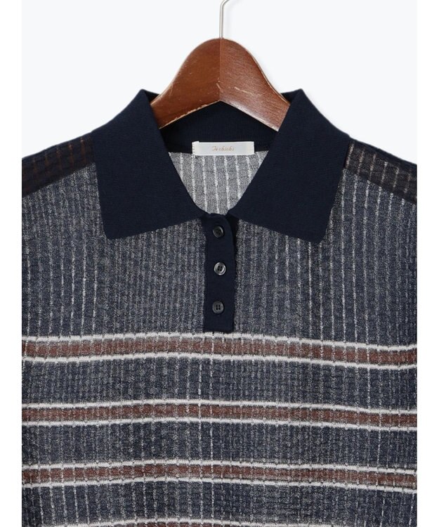 Te chichi 透かしマルチボーダーニットポロ ネイビー