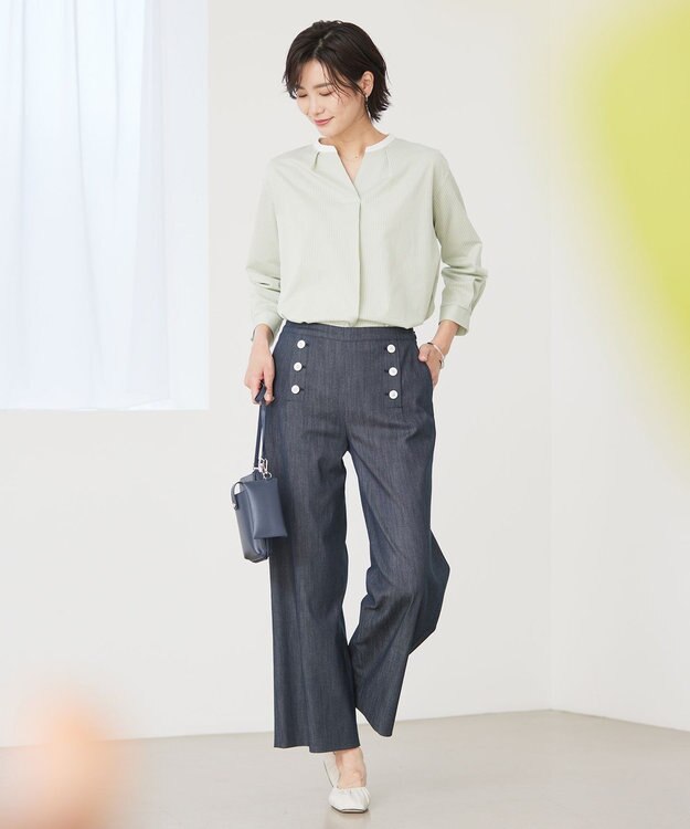 J.PRESS LADIES 【洗える】セルロースシャンブレー セミワイド マリン パンツ ネイビー系