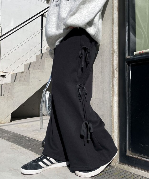 WEGO 【裏起毛】サイドリボンスウェットパンツ ブラック