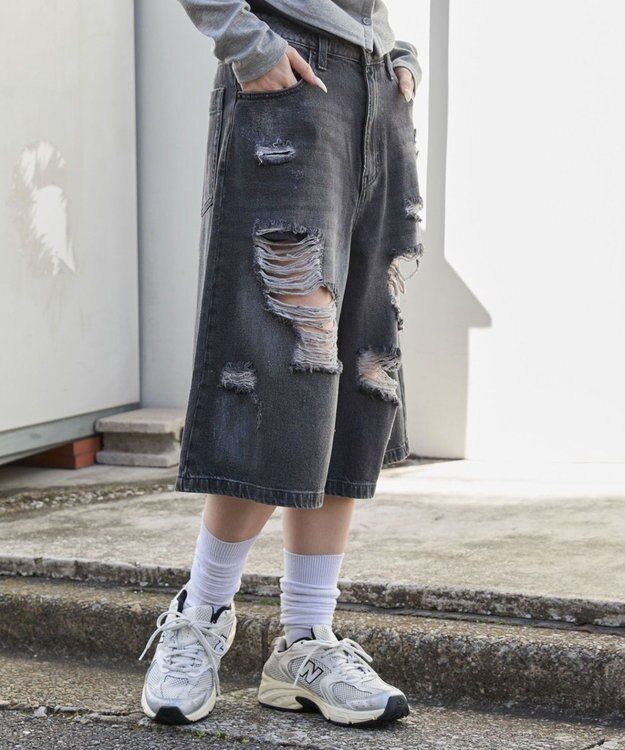 WEGO ダメージデニムハーフパンツ デニムブラックソノタ