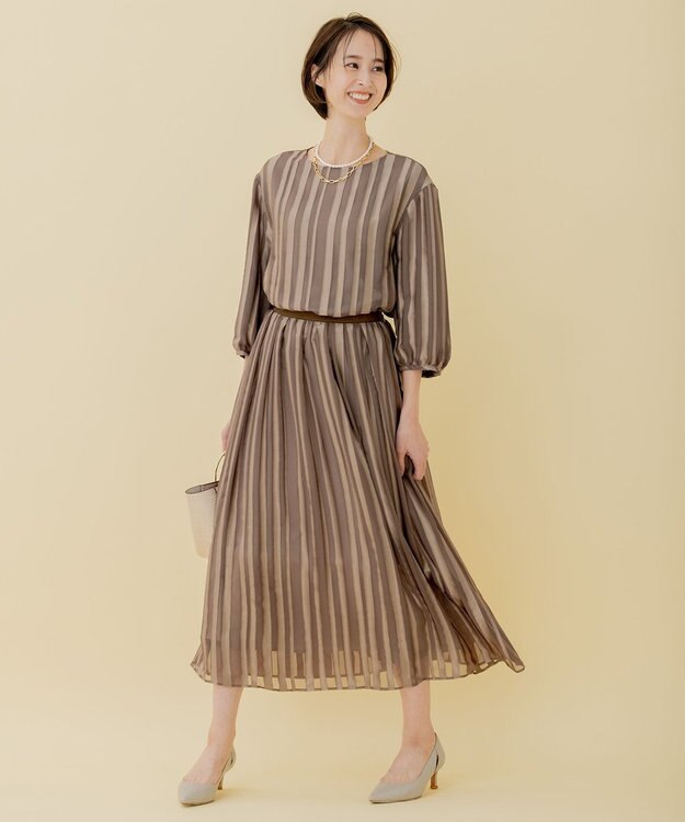 自由区 【XSサイズ～/洗える/セット可】オパールストライプ ランダムタックスカート キャメル系