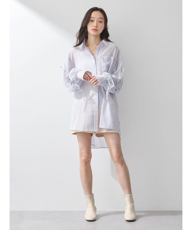 earth music&ecology 袖スリットリボンロングシャツ Navy