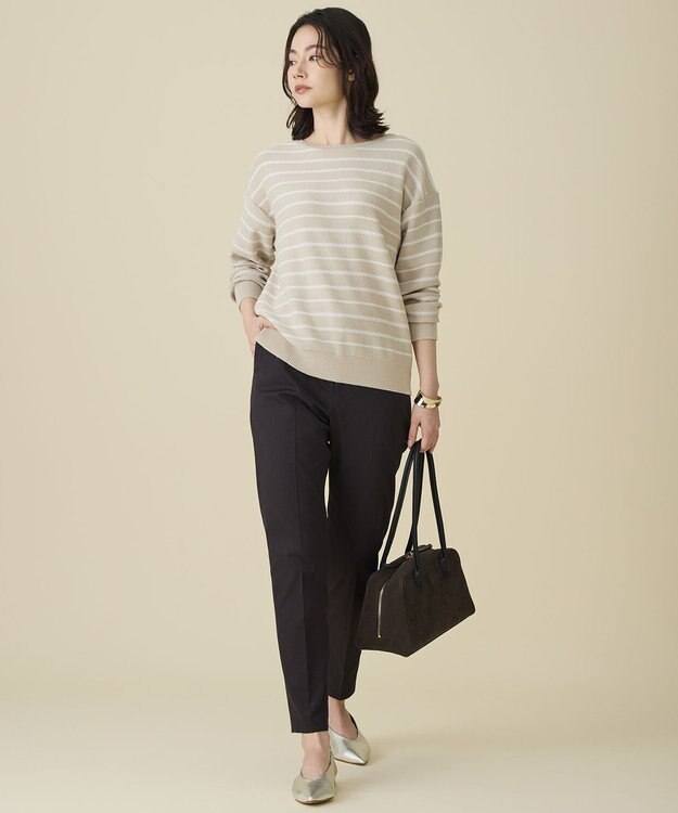 自由区 コットンポリミドルゲージボーダー ニット ベージュ×オフ