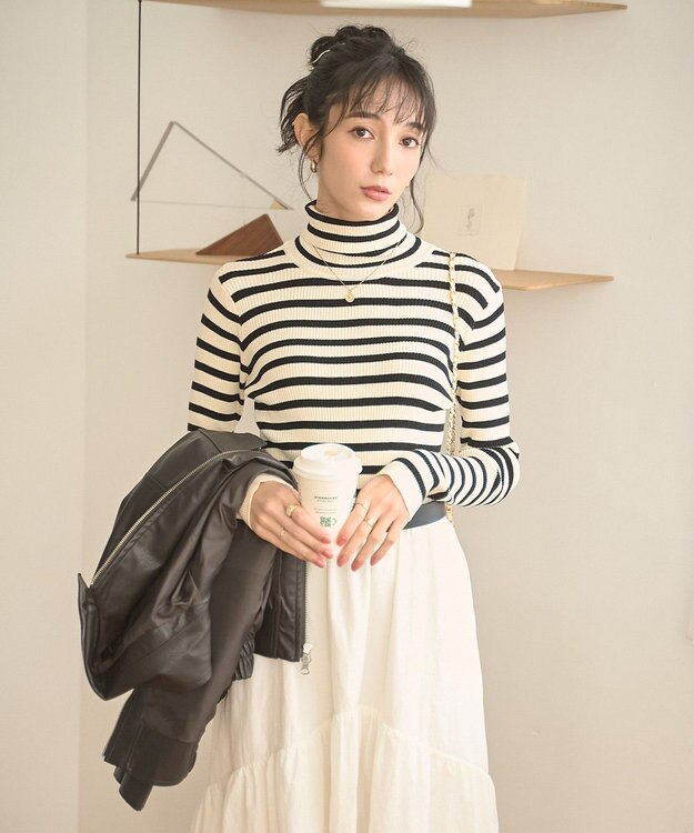 WEGO 【手洗い可】タートルネックニット ホワイトボーダー