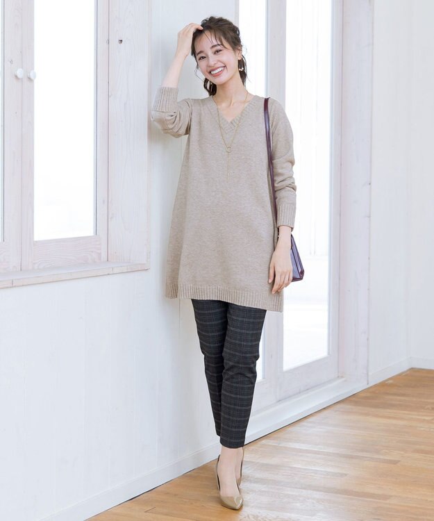 Tiaclasse L 【洗える】Vネックリブニットチュニック ベージュ