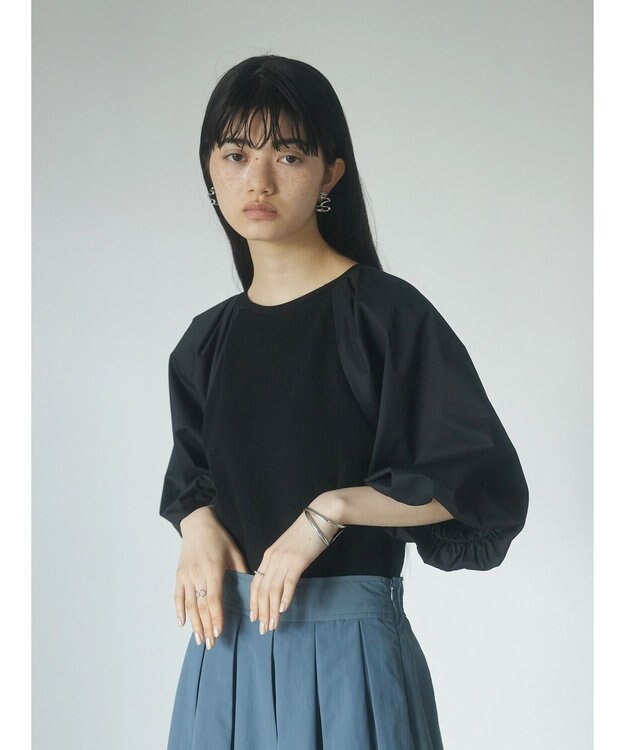 Green Parks armonia．袖布帛ニットプルオーバー Black